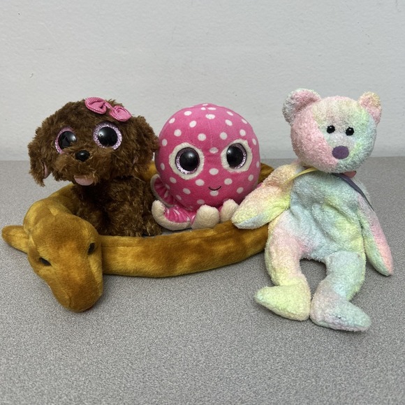 Ty Other - Lot of‎ 4 Beanie Babies, Octopus, Snake, Groovy Pastel Bear, Maddie Dog With Bow